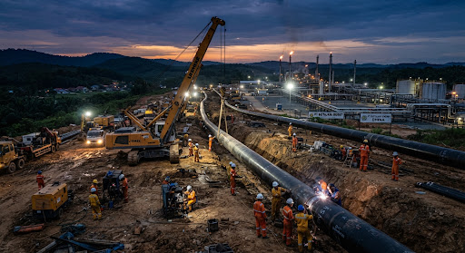 High pressure steel gas transmission pipeline installation across industrial terrain in South Sumatra