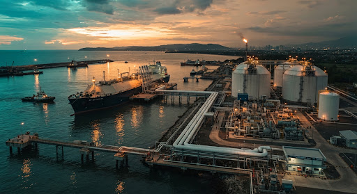 Coastal LNG offloading marine terminal with cryogenic insulated pipelines and storage spheres