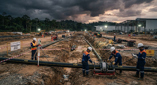 Greenfield industrial park underground gas distribution network installation in North Kalimantan